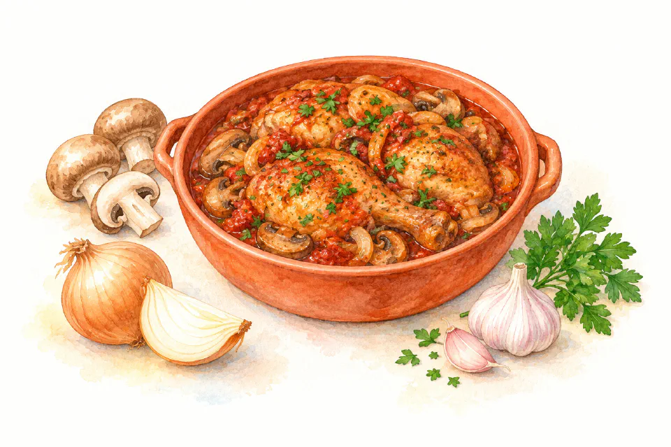 Watercolour illustration of braised chicken with mushrooms, onions and tomato sauce.