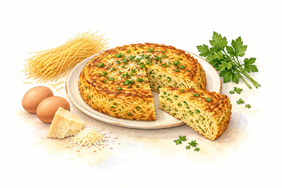 Watercolour illustration of golden vermicelli omelette with a cut wedge showing fine pasta strands.