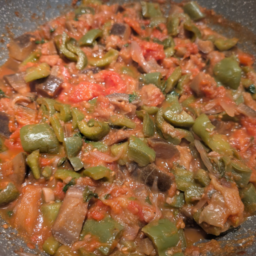 The kapunata reduced to a thick consistency with very little liquid left