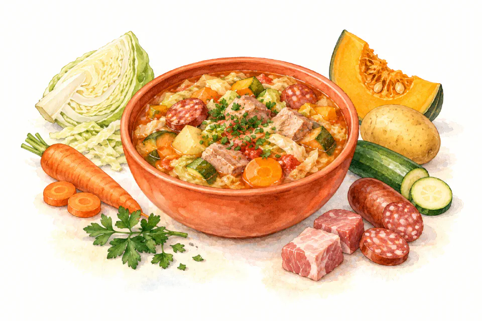 Watercolour illustration of hearty pork and cabbage soup with sausage and vegetables.
