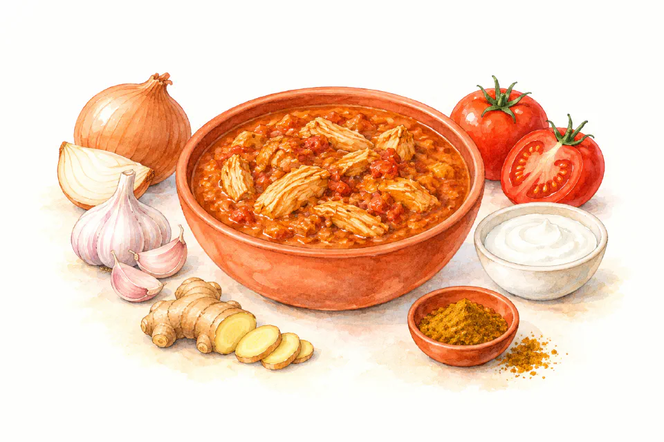 Watercolour illustration of roast chicken pieces in a rich tomato and yoghurt curry.