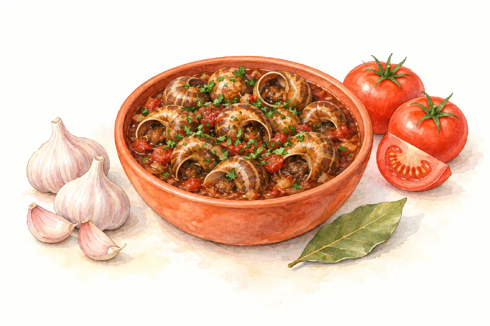 Watercolour illustration of Maltese snail stew with tomato, garlic and herbs.